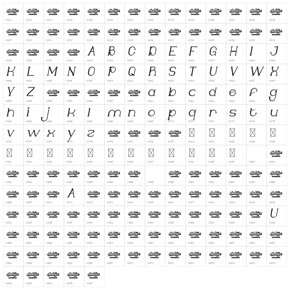 Neyagawa Demo Italic Character Map