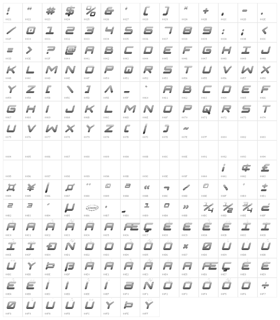 NGC 292 Gradient Italic Character Map