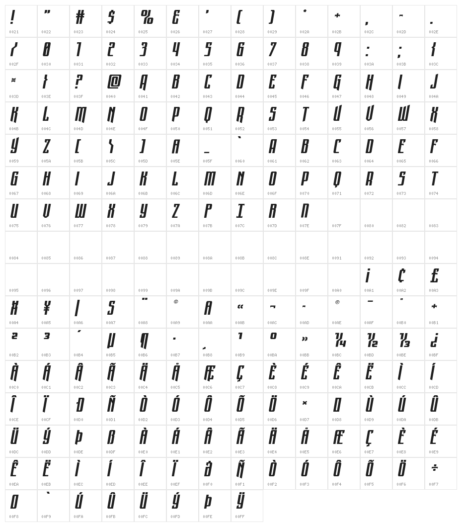 Night Traveler Expanded Italic Character Map