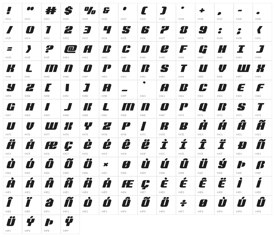 Nightwraith Expanded Italic Character Map