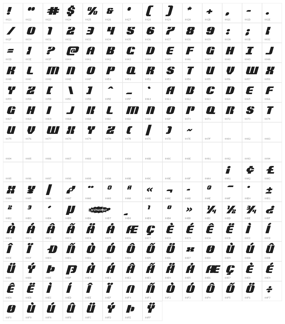 Nightwraith Expanded Italic Character Map