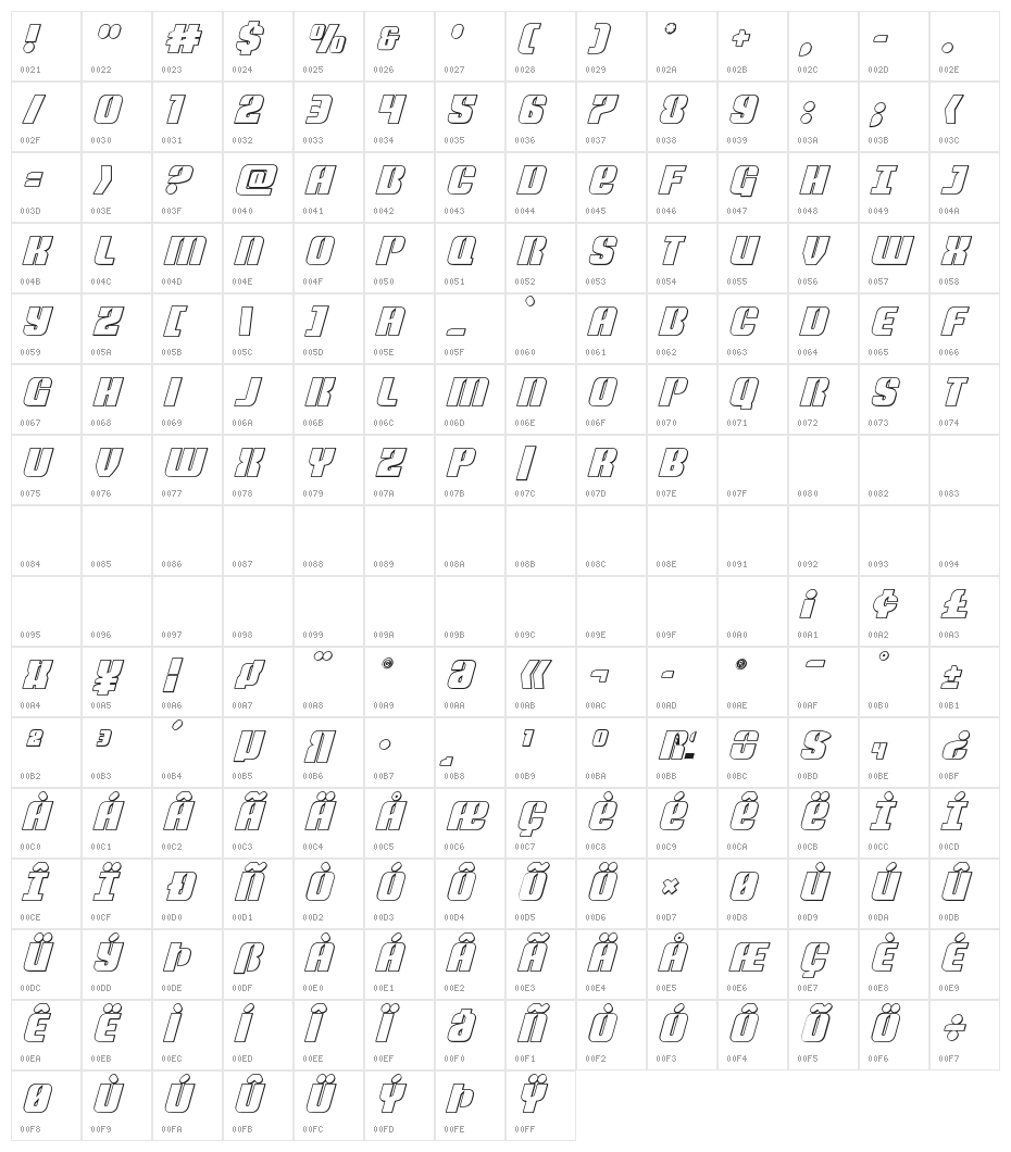 Nightwraith Outline Italic Character Map