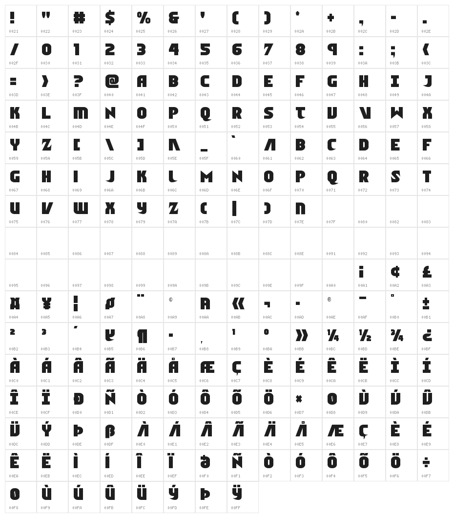 Ninja Garden Condensed Character Map