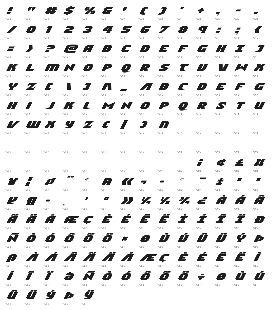Ninja Garden Expanded Italic Character Map