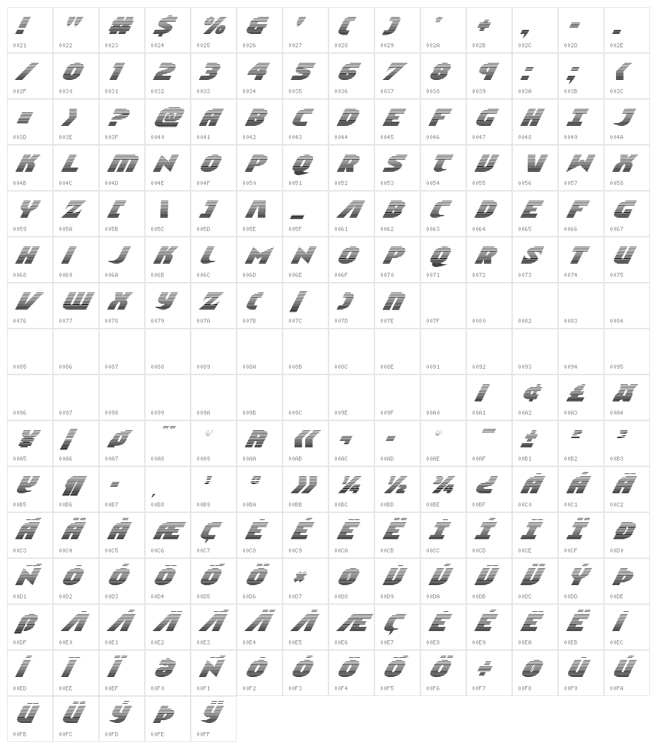 Ninja Garden Gradient Italic Character Map