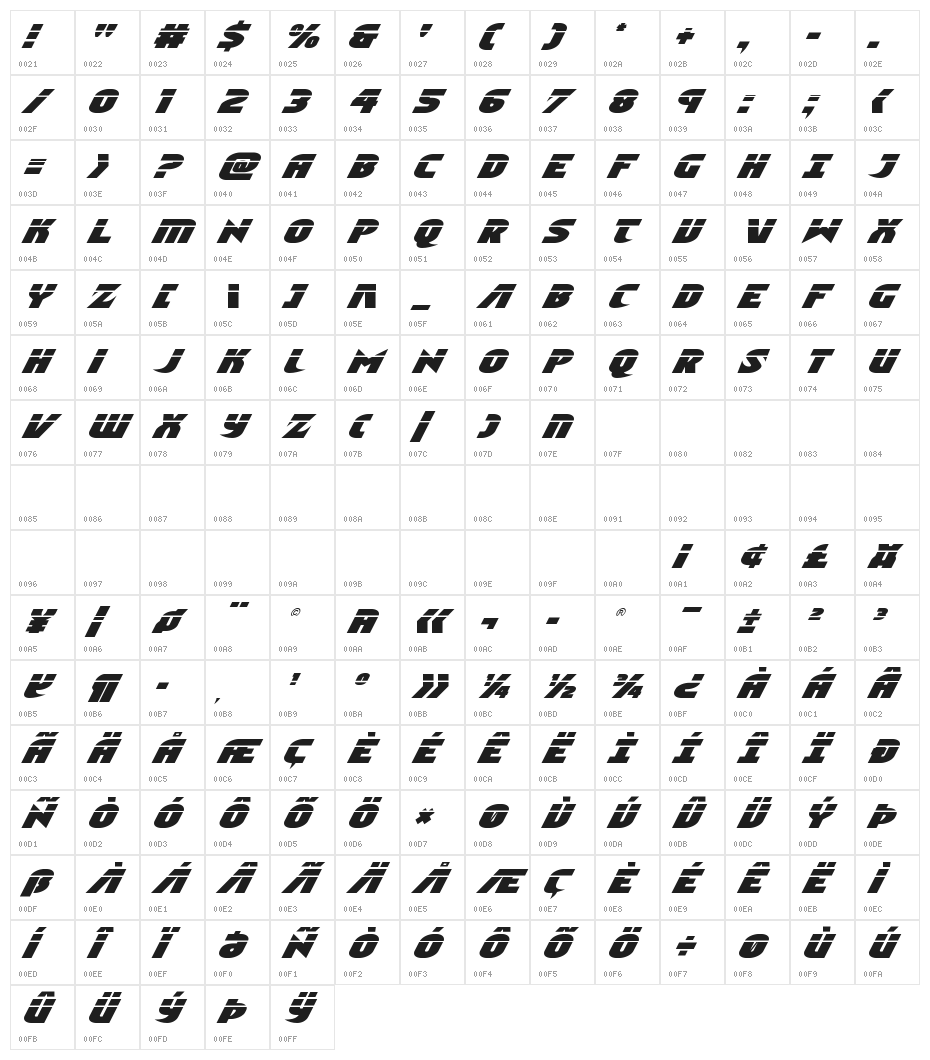Ninja Garden Laser Italic Character Map