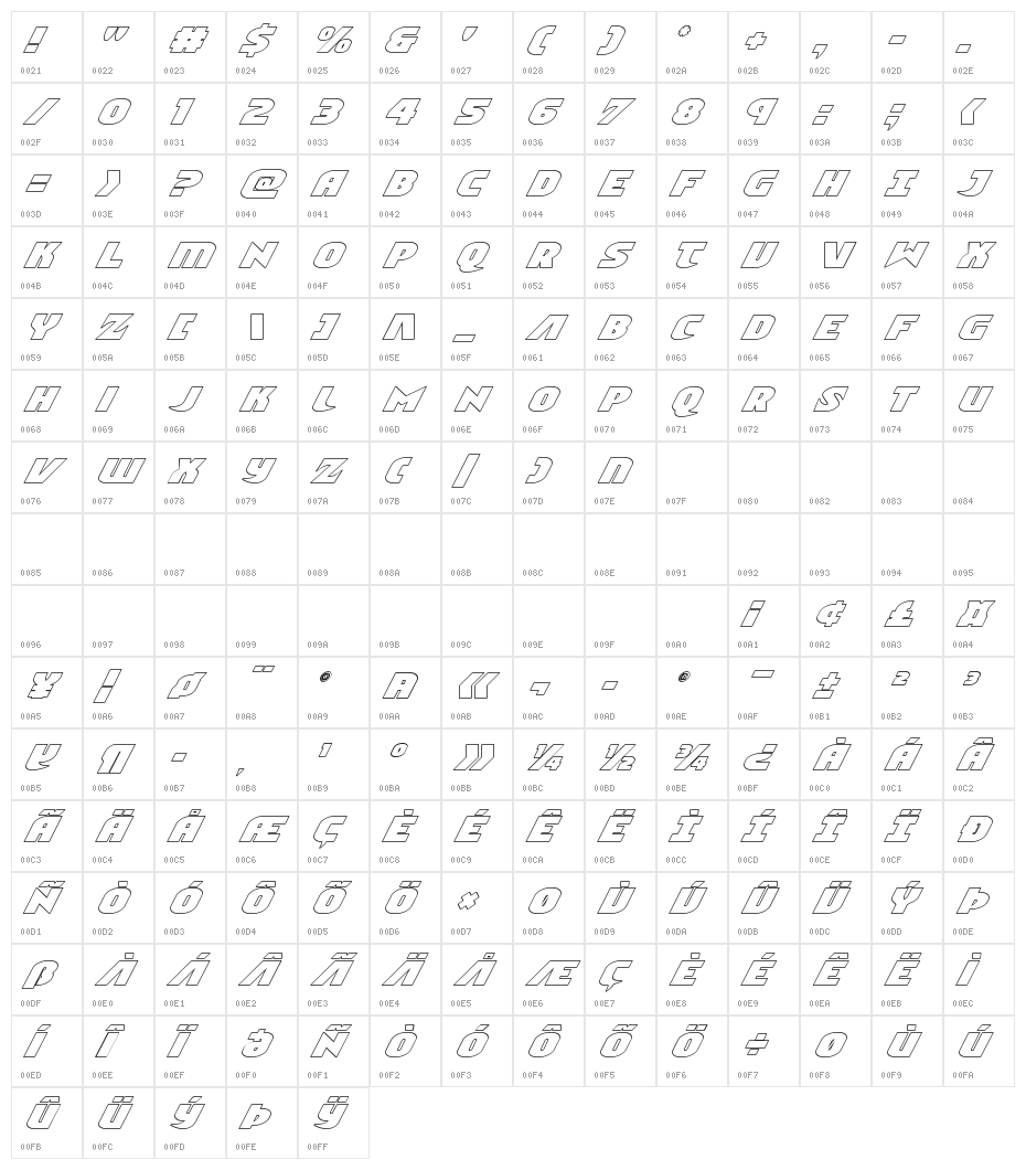 Ninja Garden Outline Italic Character Map