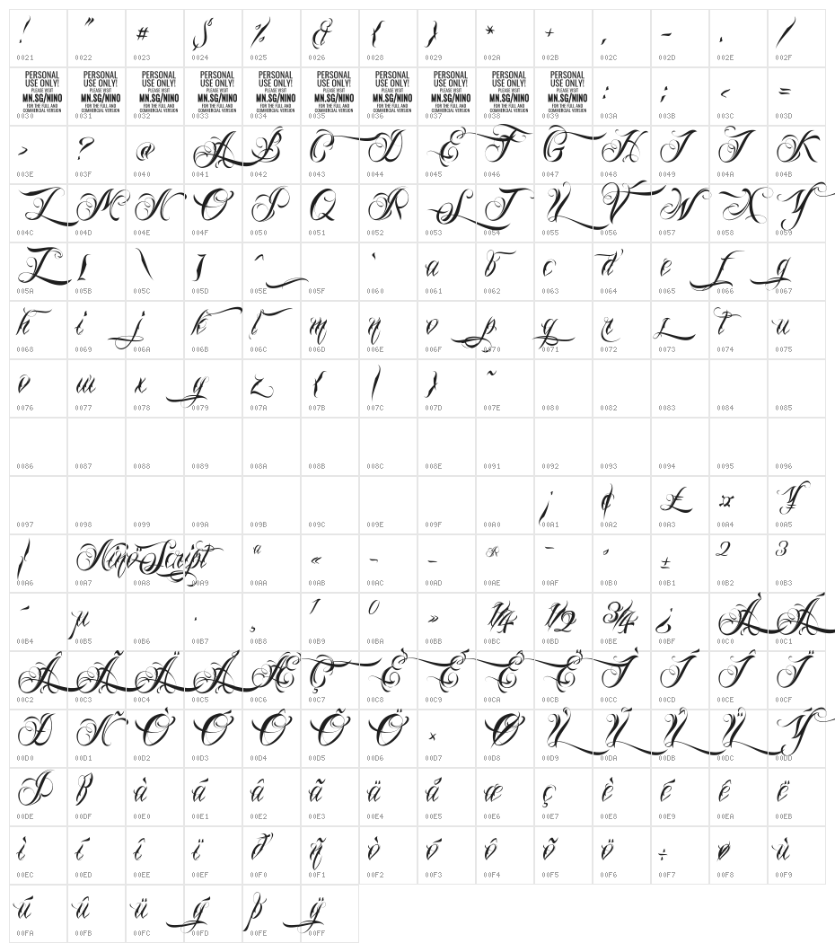Nino Script PERSONAL USE ONLY Character Map