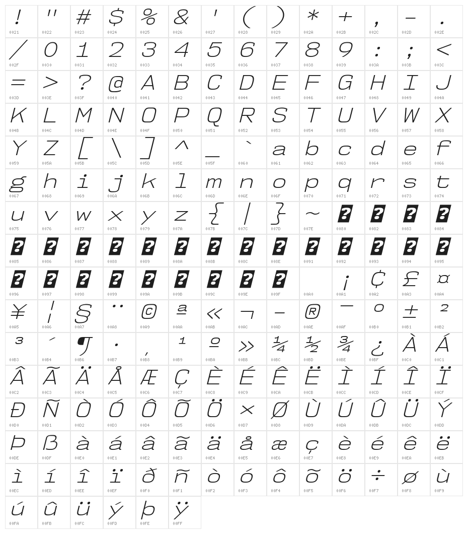 NK57MonospaceSeLt-Italic Character Map