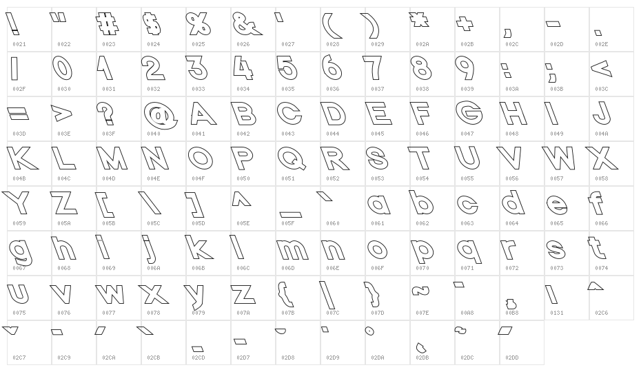 Nordica Classic Black Extended Opposite Oblique Outline Character Map