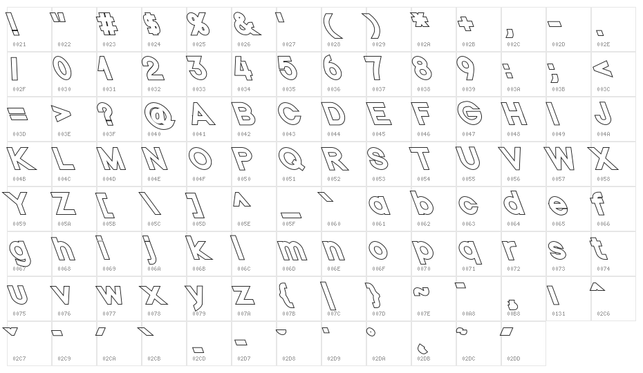Nordica Classic Black Opposite Oblique Outline Character Map