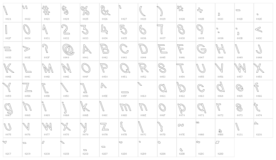Nordica Classic Light Opposite Oblique Outline Character Map