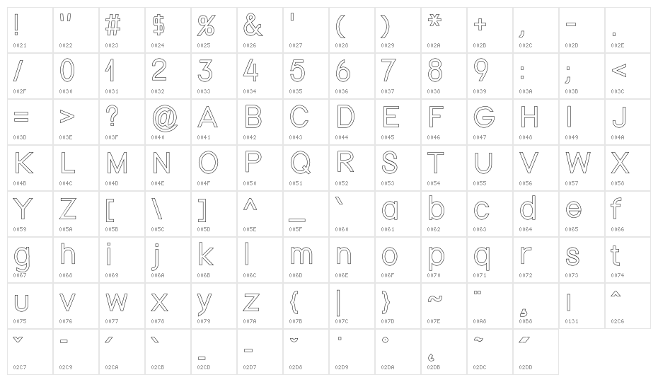 Nordica Classic Light Outline Character Map