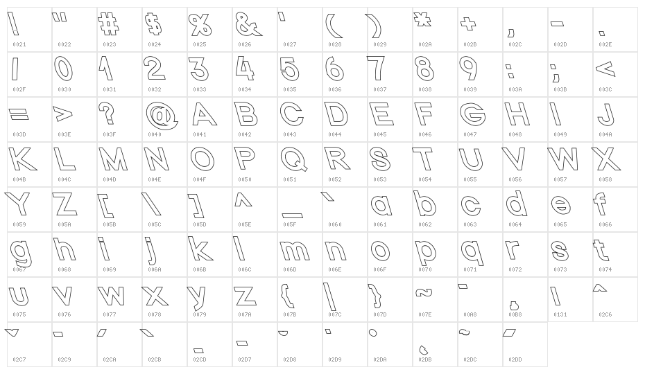 Nordica Classic Regular Extended Opposite Oblique Outline Character Map