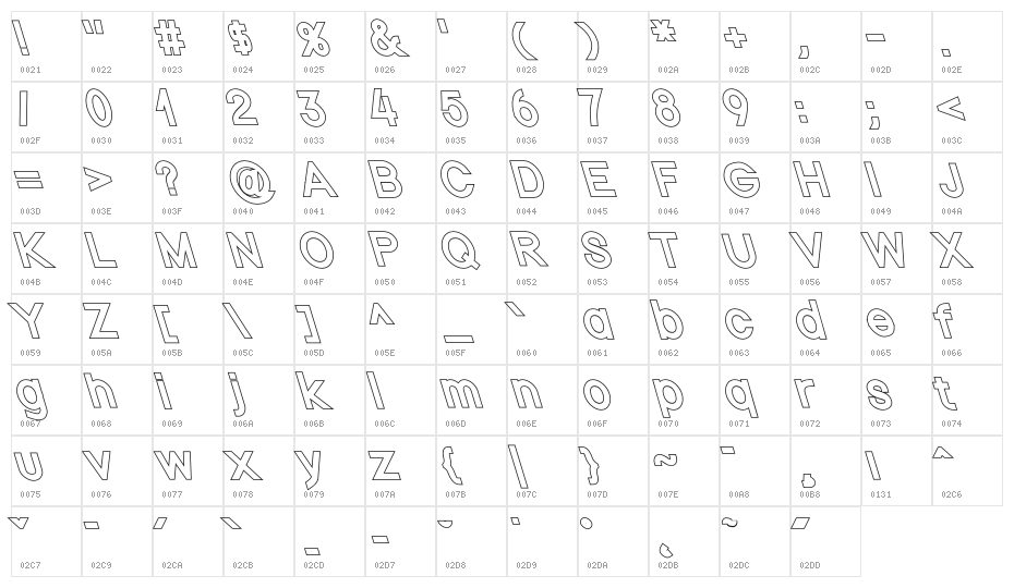Nordica Classic Regular Opposite Oblique Outline Character Map