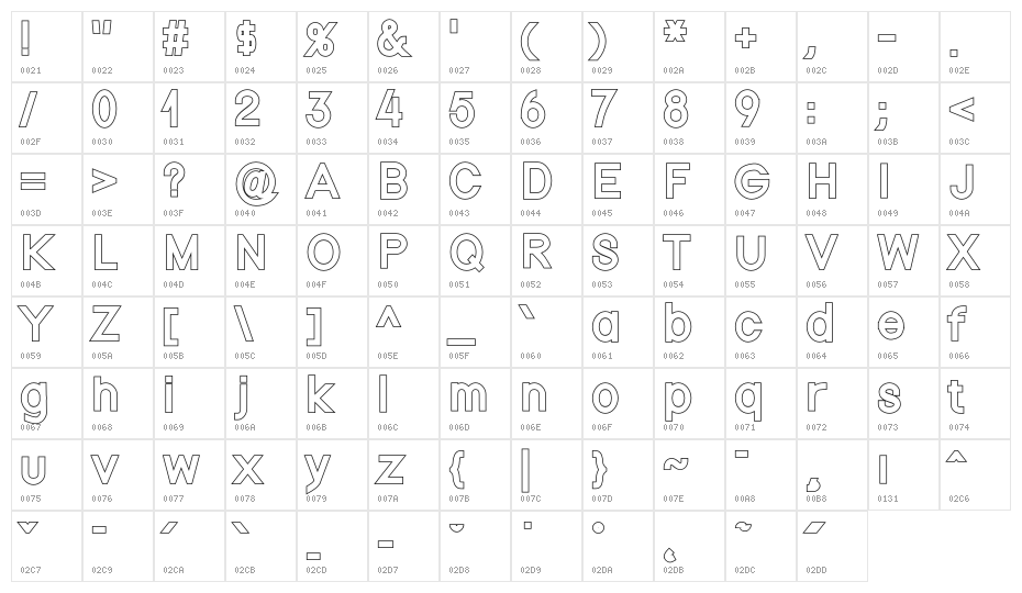 Nordica Classic Regular Outline Character Map