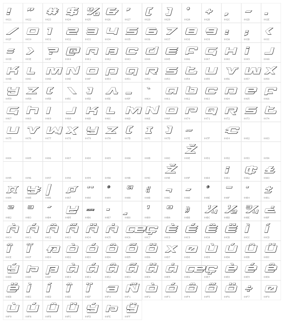 Northstar 3D Italic Character Map
