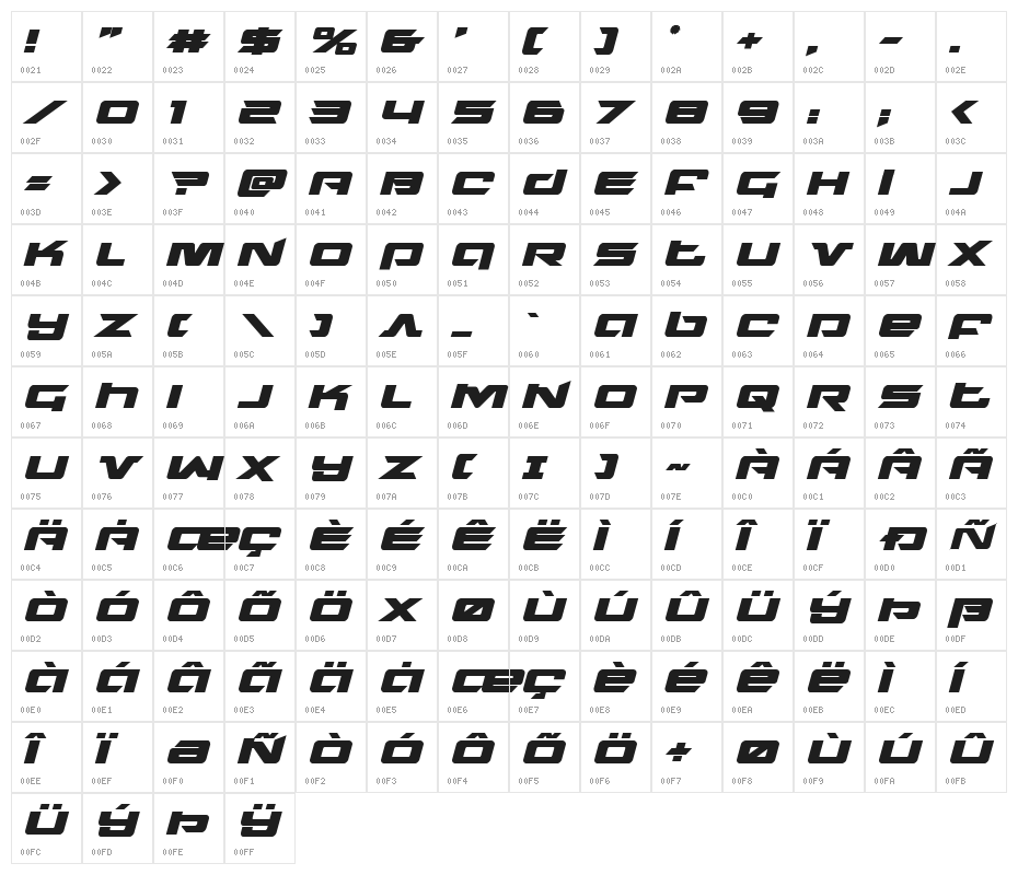 Northstar Bold Italic Character Map
