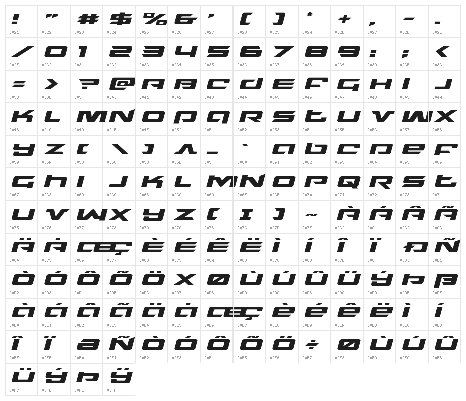 Northstar Expanded Italic Character Map