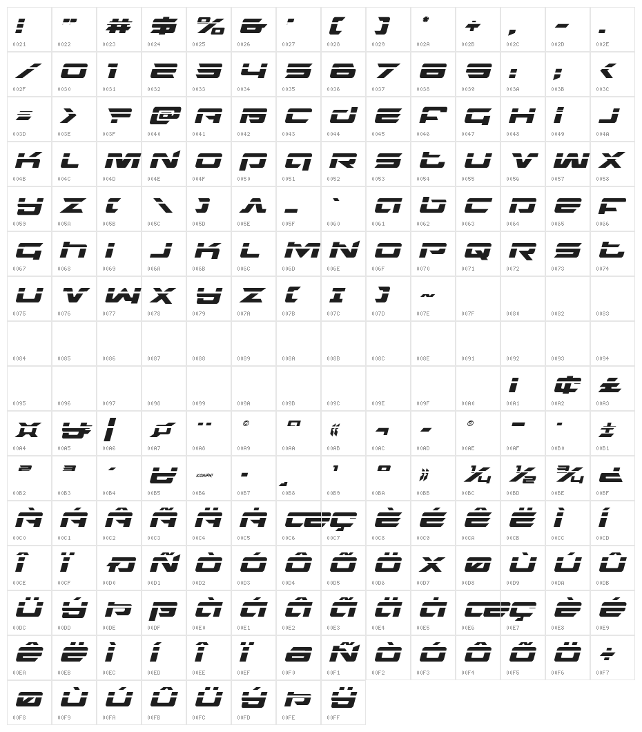 Northstar Laser Italic Character Map