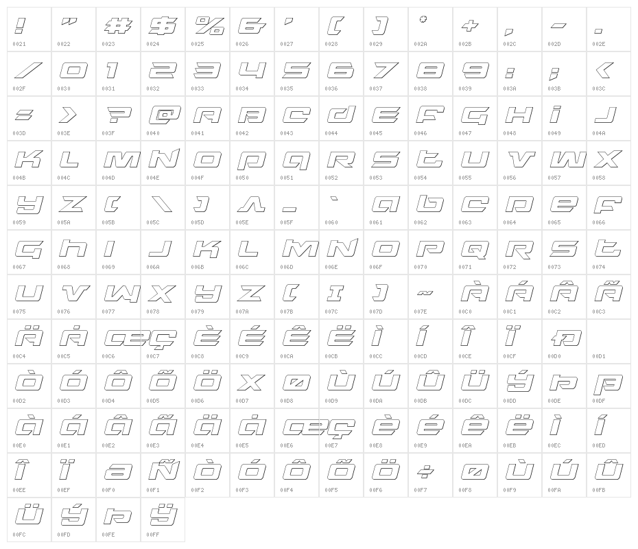 Northstar Outline Italic Character Map