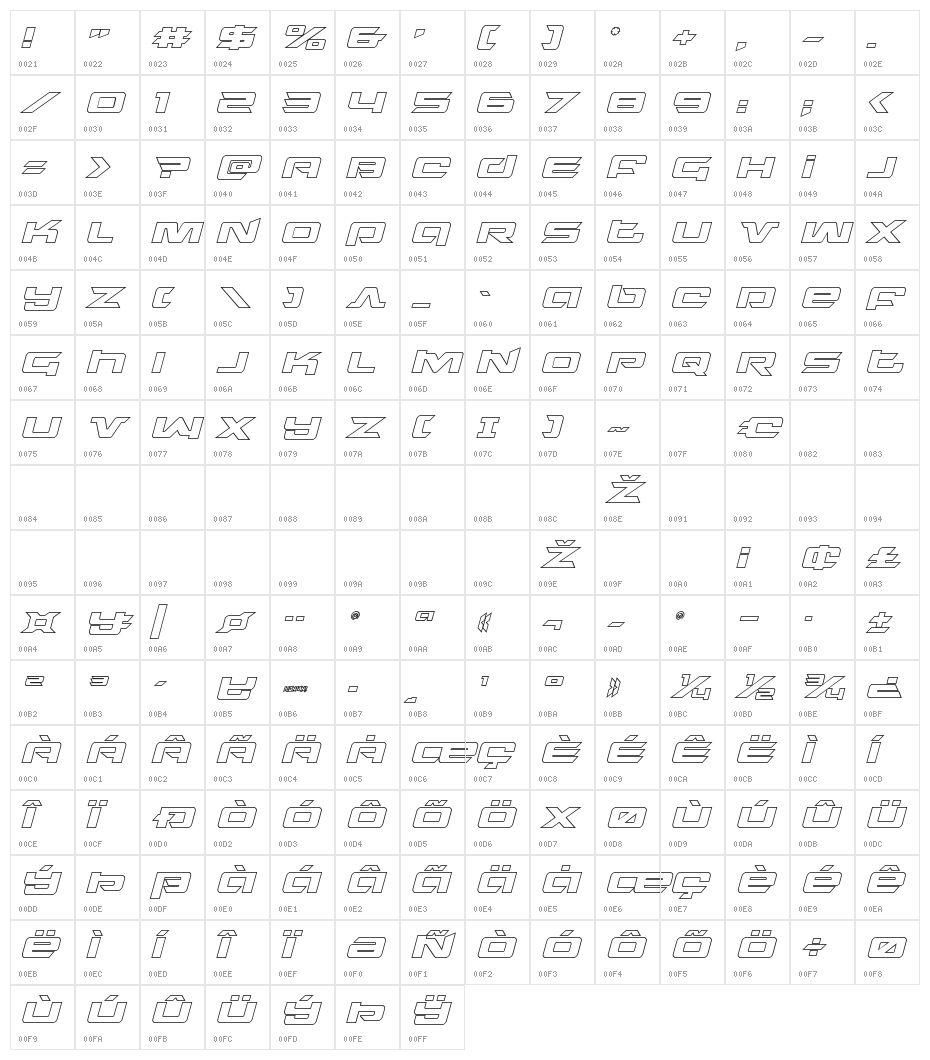 Northstar Outline Italic Character Map