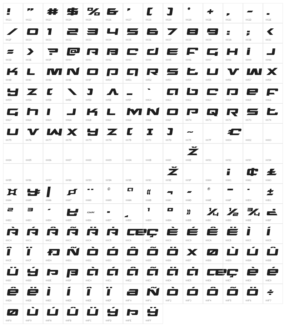 Northstar Semi-Italic Character Map