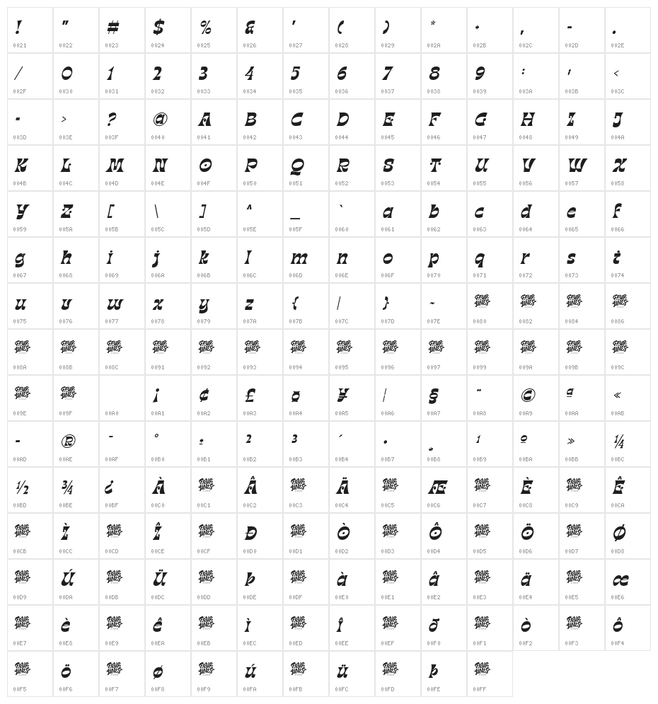 Nostalgic Serenade Italic Character Map