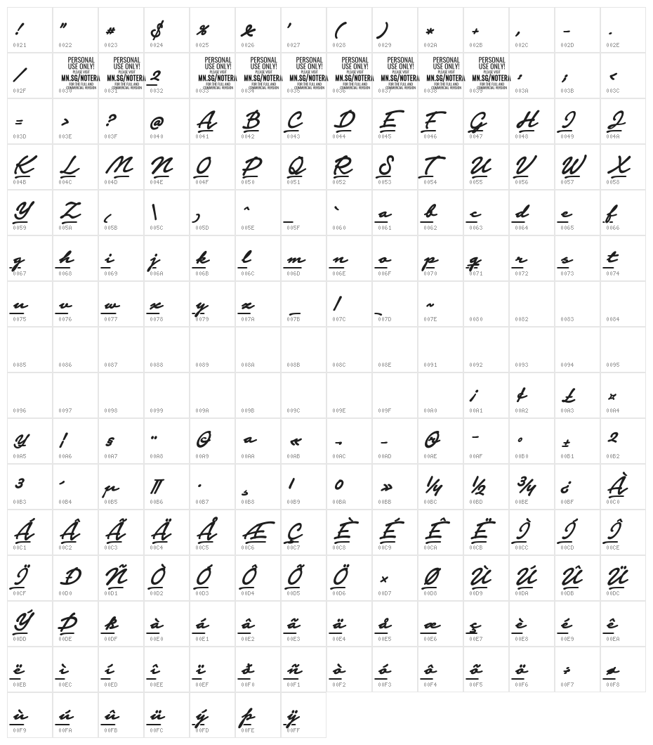 Notera 2 Underline PERSONAL USE Bold Character Map