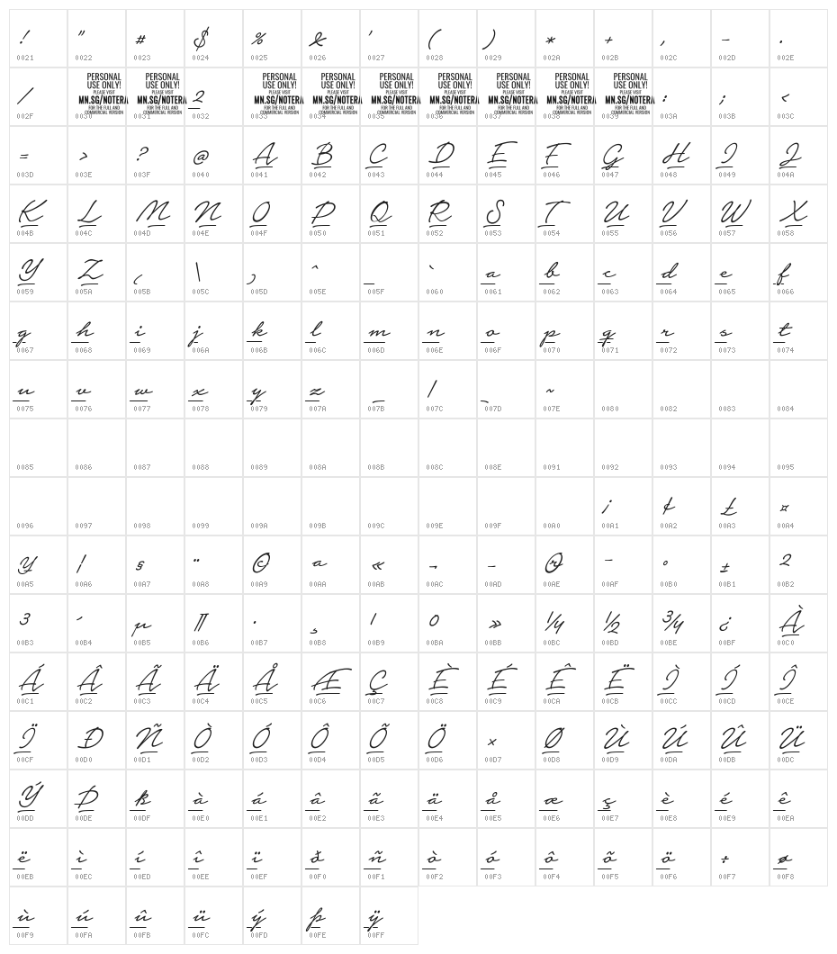 Notera 2 Underline PERSONAL USE Light Character Map