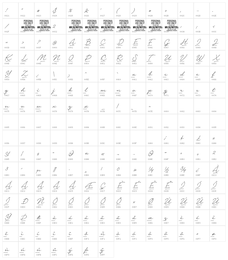 Notera 2 Underline PERSONAL USE Thin Character Map