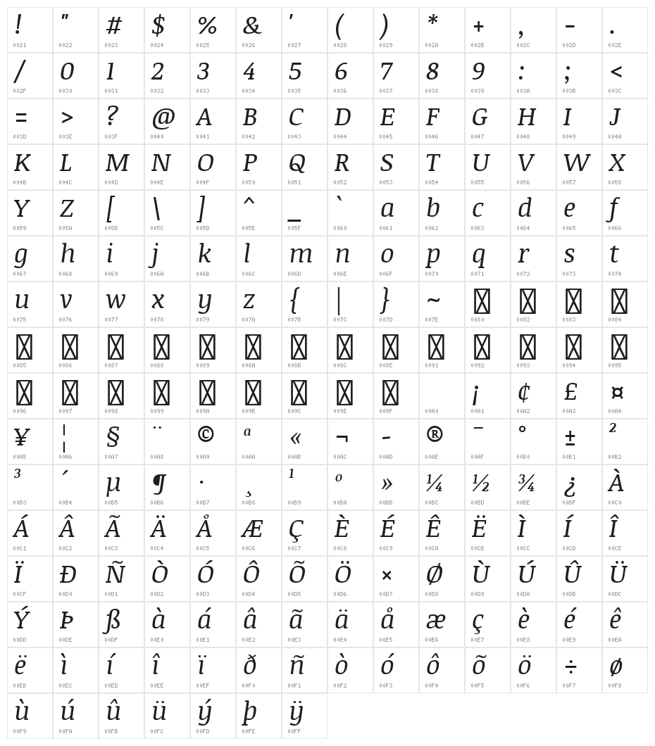 Noticia Text Italic Character Map