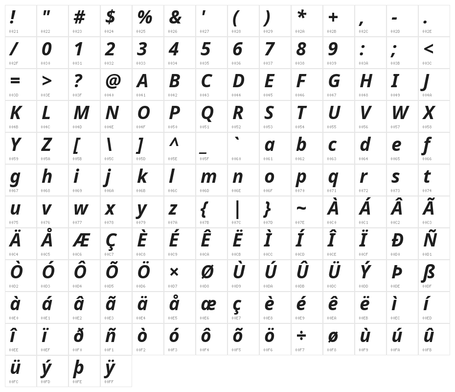 Noto Sans Bold Italic Character Map