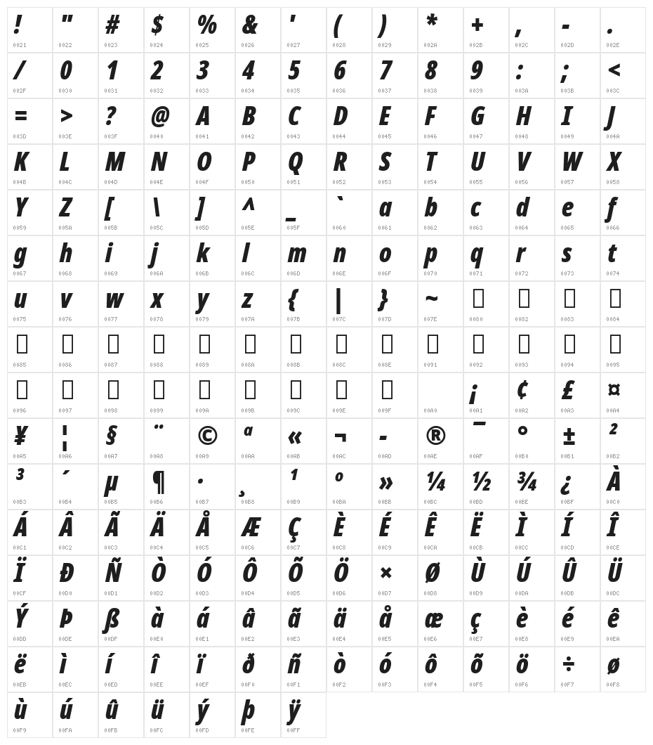 Noto Sans Display ExtraCondensed Black Italic Character Map