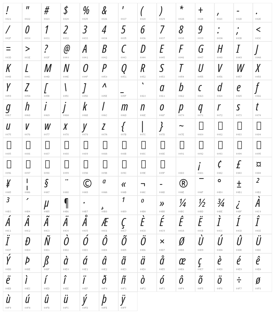 Noto Sans ExtraCondensed Italic Character Map