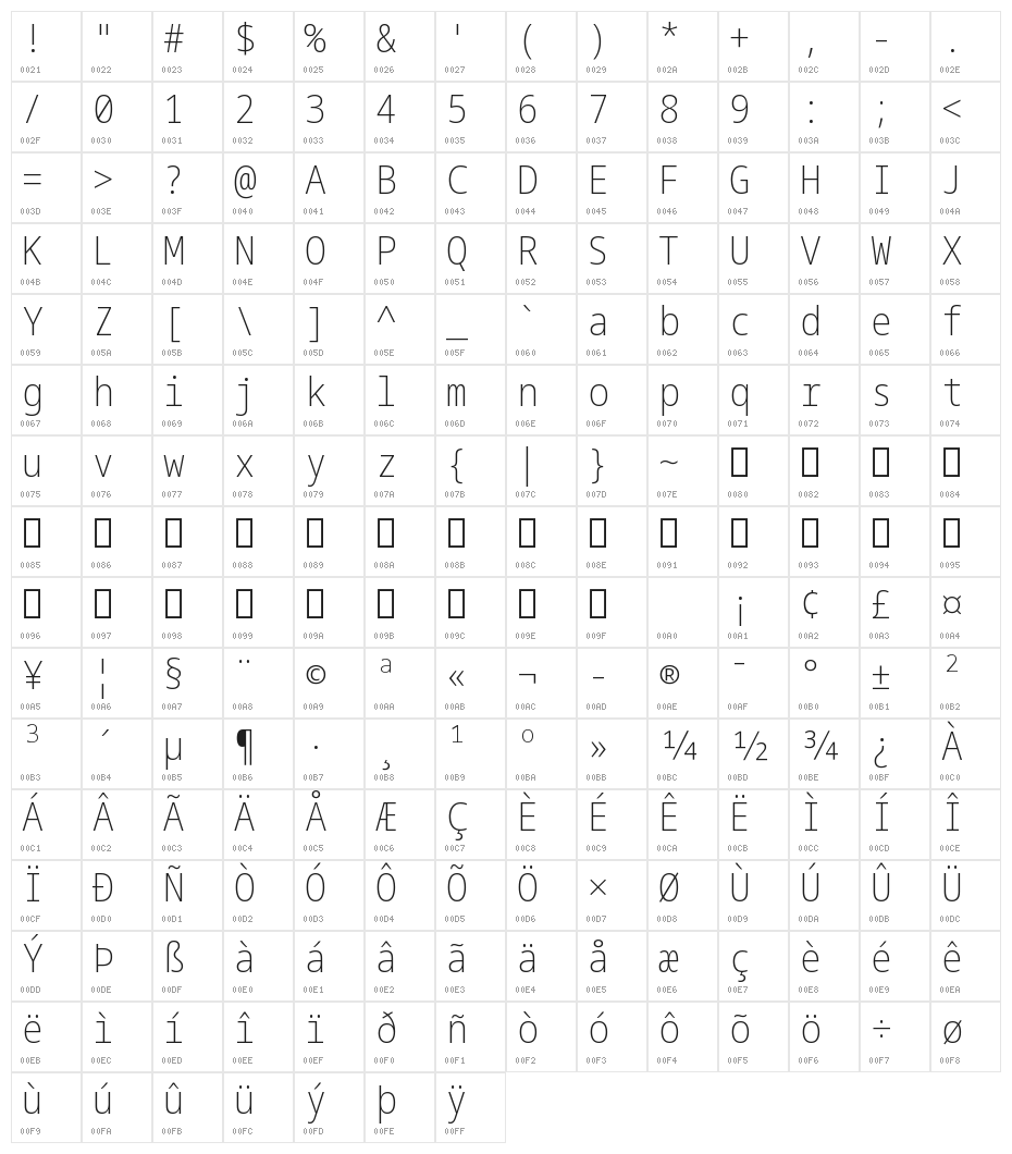 Noto Sans Mono Condensed ExtraLight Character Map
