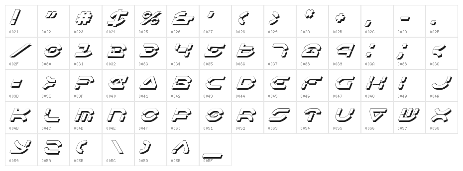 Oberon Deux Shadow Italic Character Map