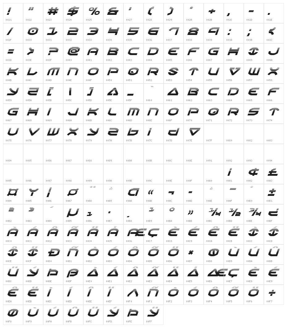 Oberon Halftone Italic Character Map