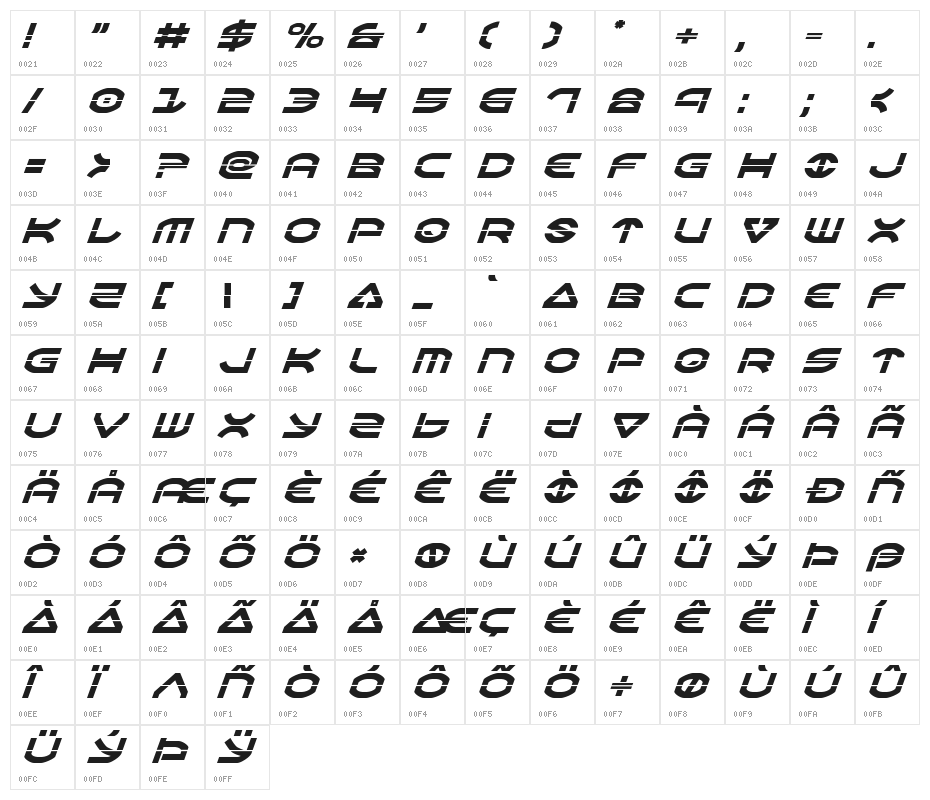 Oberon Laser Italic Character Map