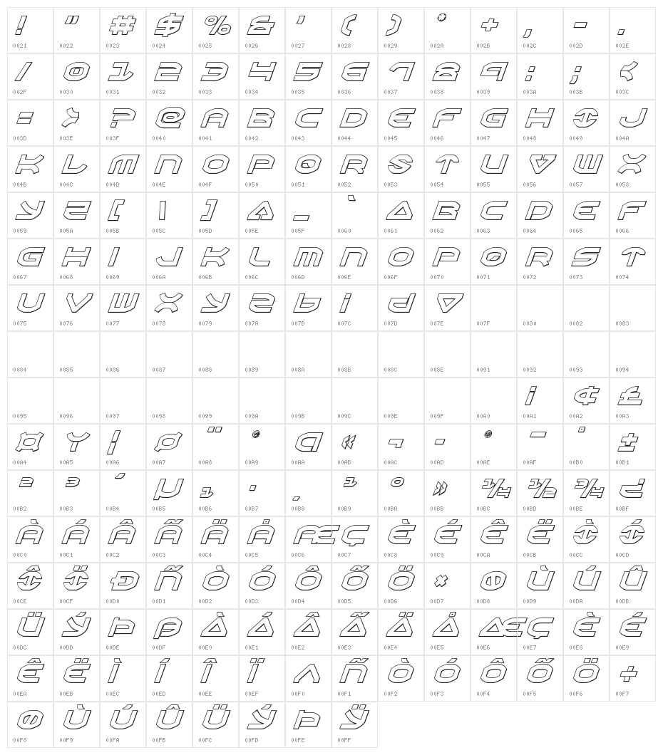 Oberon Outline Italic Character Map