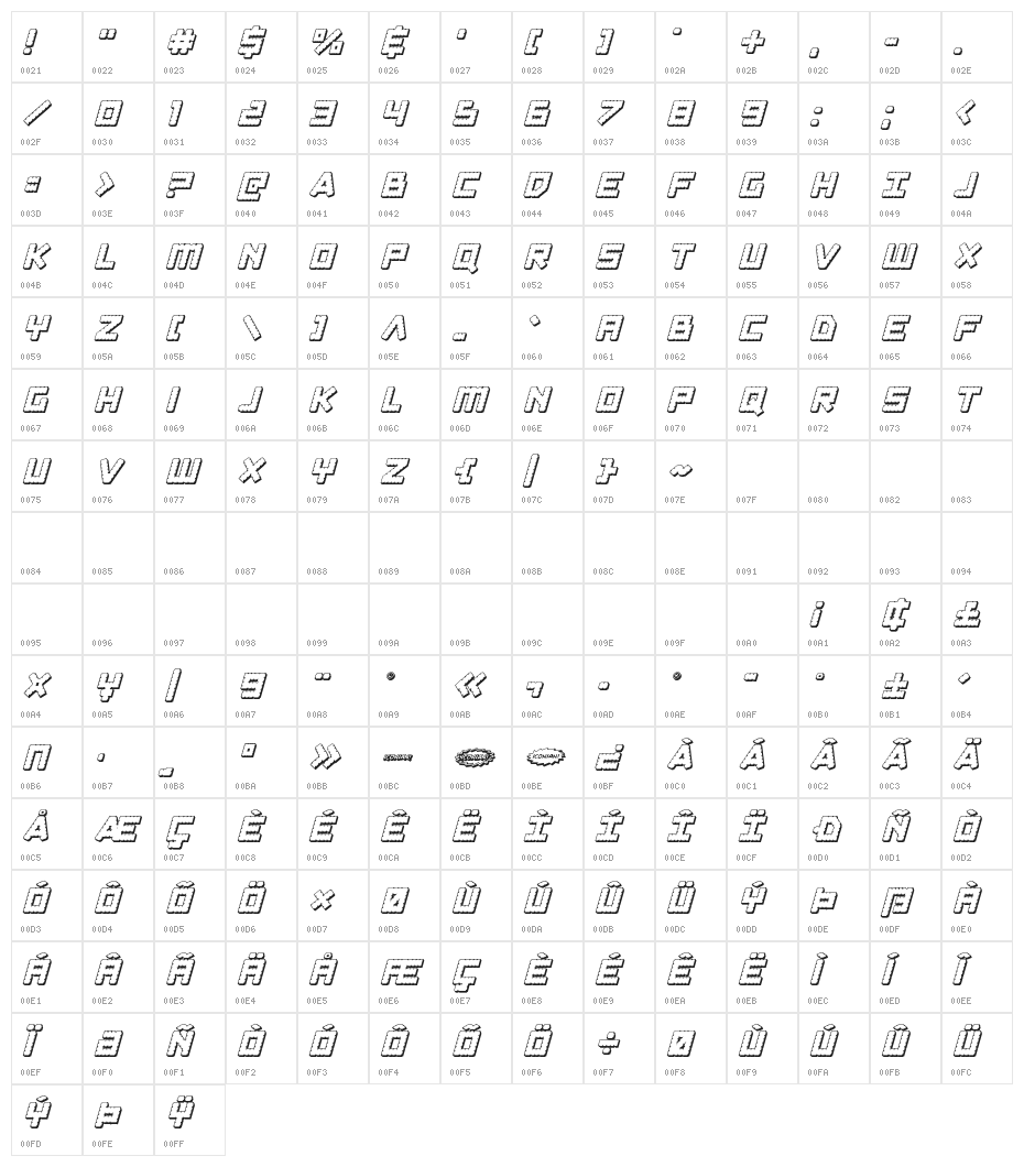 Obsidian Blade 3D Italic Character Map
