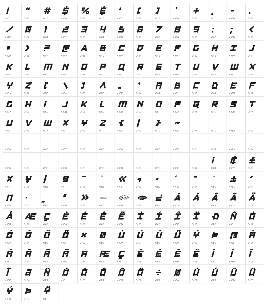 Obsidian Blade Italic Character Map
