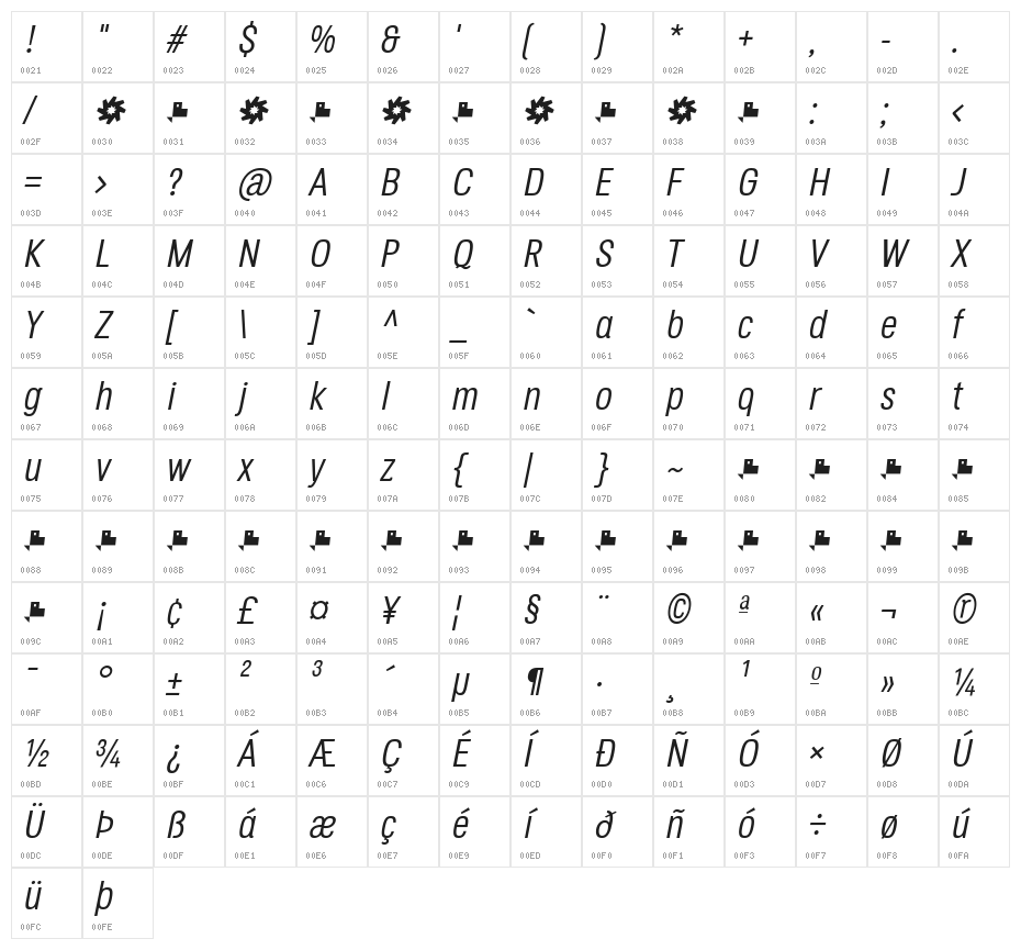 Octagen Light Light Italic Character Map