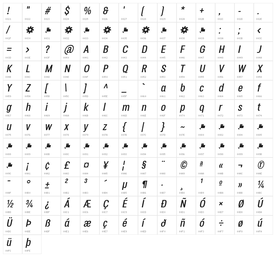 Octagen Roman Italic Character Map