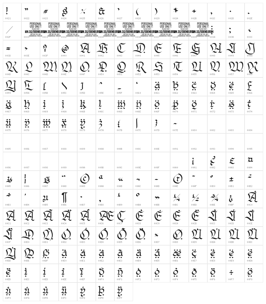 OdenburghDecoPERSONALUSE Character Map