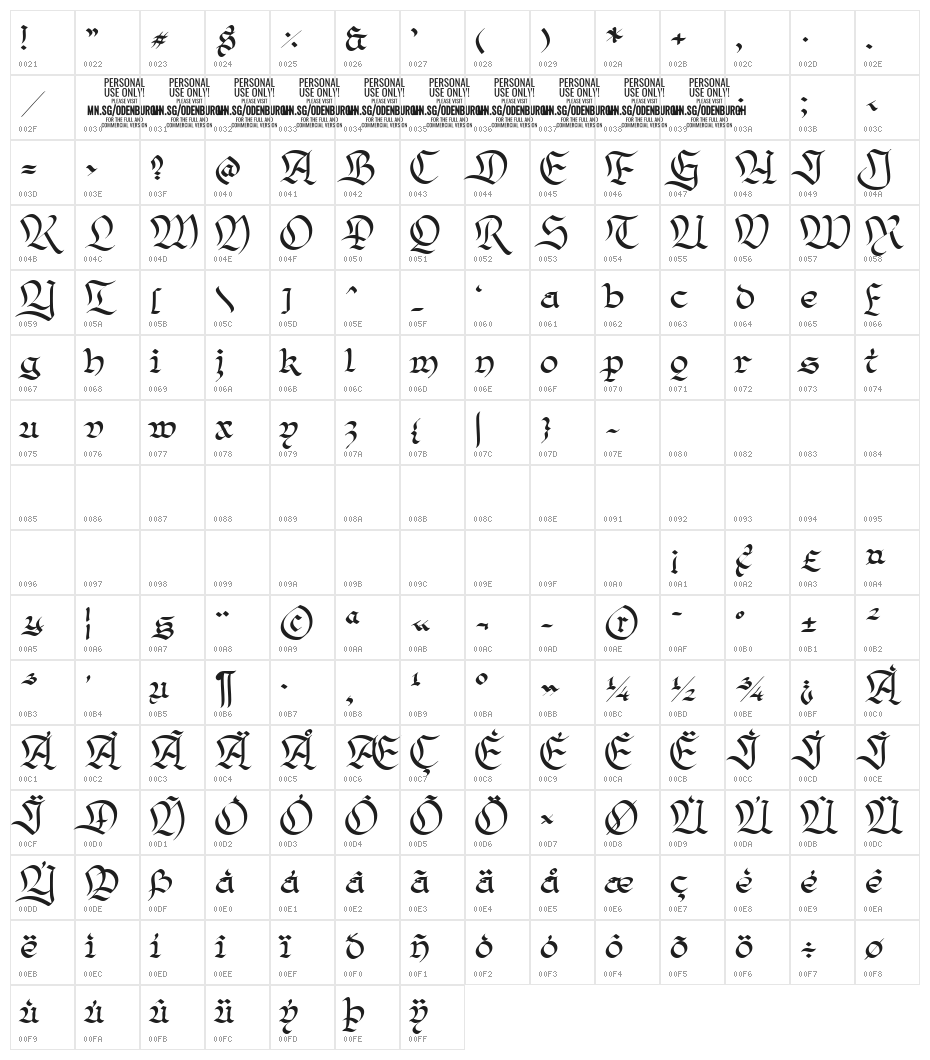 OdenburghPERSONALUSEONLY Character Map