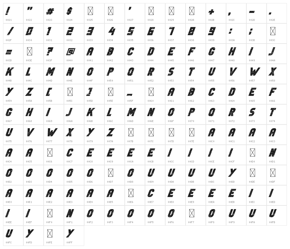 Old Car Bold Italic Character Map