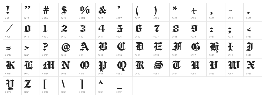 Old Cologne Regular Character Map