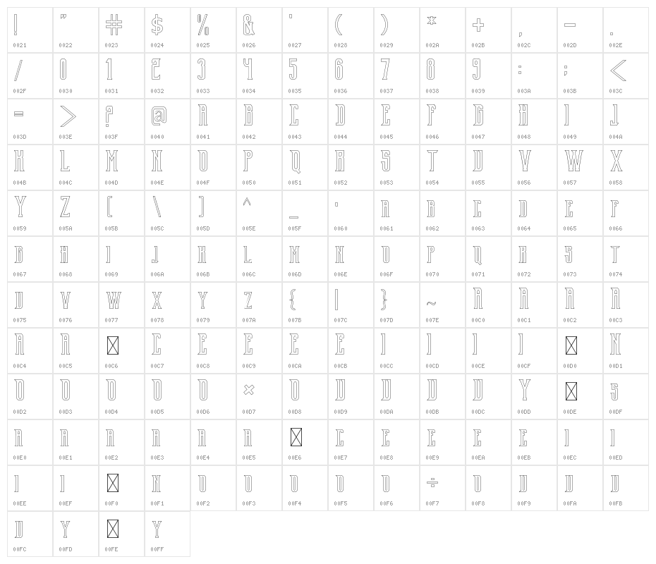 Old Excalibur Stroke Character Map