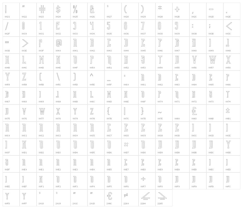 Old Excalibur Stroke Character Map